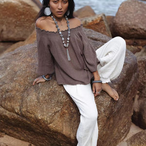 Haut en coton smocké à épaules dénudées pour femme, couleur rouille, style bohème, en gaze de coton ultra douce, à manches cloche et longues, pour l'été, grande taille - Product Image 1