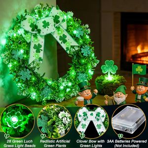 Ghirlanda per Porta da 16 Pollici per San Patrizio con 28 Luci LED Verdi a Forma di Quadrifoglio, Alimentata a Batteria, Ghirlanda a Forma di Trifoglio con Fiocco per Feste Primaverili - Product Image 6