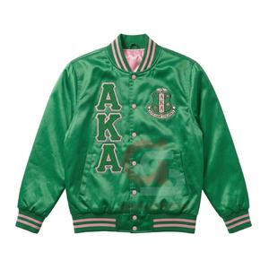 เสื้อแจ็คเก็ตผ้าซาตินสีเขียวชมพูระบายอากาศได้ดีสำหรับผู้หญิงแบบสั่งทำพิเศษสไตล์กรีก และเสื้อแจ็คเก็ตบอมเบอร์ปักลายสำหรับผู้หญิงแบบครอป - Product Image 1