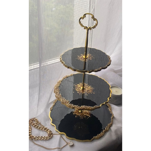 Elegant Look <b>Black</b> Color <b>Mirror</b> Round Shape 3 Tier Luxury Cake <b>Stand</b> With Golden Unique Designer Edges Table Centerpiece Decor - Product Image 1