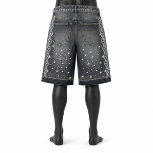 Shorts en jean personnalisés brodés de strass pour hommes, style vintage délavé, coupe ample, streetwear, OEM ODM, vente en gros - Product Image 2