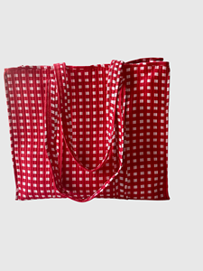 Sac fourre-tout en coton à carreaux rouges, ouvert en dessus, pour femmes, sac de shopping, utilisable toute l'année - Product Image 1