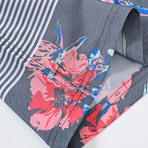 Men's Gray Red Striped Floral Print Quick Dry Knitted Polyester Board Shorts Mid Waist Drawstring Closure Swim Trunks - Product Image 5