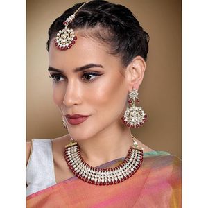 Ensemble de bijoux ethniques plaqués or pour femmes avec perles rouges et motif de fleur en cristal pour mariage ou fête - Product Image 5
