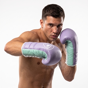 Dumela Purple and Mint Leather Boxing Gloves with <b>White</b> <b>Laces</b> and Logo Design - Product Image 5