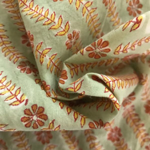 Tela de algodón estampada a mano – Diseño floral Buti y rayas de hojas sobre base verde salvia - Product Image 2