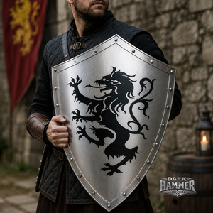 Bouclier de chauffe-mains en acier de style médiéval, artisanal, avec motif de lion héraïdique, Dark Hammer Art - Product Image 1