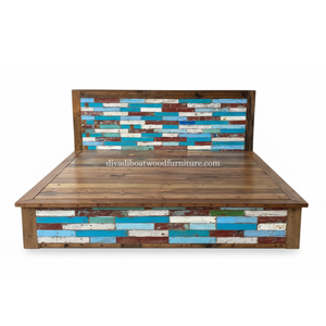 Cama de Madera de Barco Reciclada con Cabecera Estilo Patchwork, Color Original, Diseño Sostenible para Dormitorio - Product Image 3