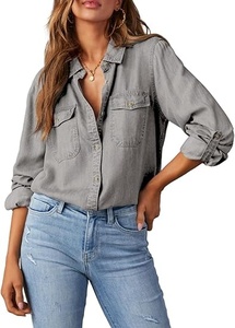 Women's Gray Cotton Button Up Shirt Three Quarter Sleeve Turn-<b>down</b> Collar Loose Fit Solid Color Breathable Shirts - Product Image 6