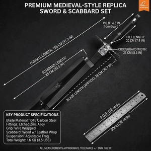 Réplica de Espada Larga Medieval de Fantasía al por Mayor - Espada de Cosplay de Lobo Blanco de Acero Inoxidable de 48 Pulgadas con Funda de Cuero y Arnés - Product Image 6