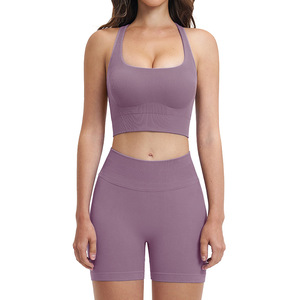 Ensemble de yoga 2 pièces sans coutures pour femme : brassière de sport dos nageur et short taille haute, séchage rapide, léger, idéal pour la gym, anti-transpiration - Product Image 2