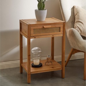Bamboo Style Wooden <b>Side</b> <b>Table</b> with Rattan <b>Drawer</b> - Minimalist Design Wholesale - Product Image 1