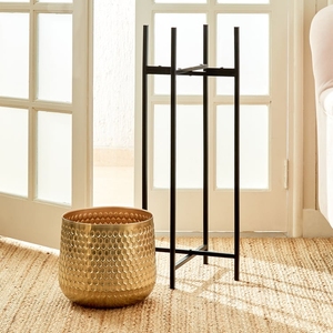 Tall <b>Honeycomb</b> Hammered Gold Metal Planter Pot with Black Iron Stand – Modern Brass Finish <b>Decorative</b> Indoor Plant Holder. - Product Image 4