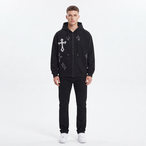 Sudadera con capucha negra para hombre, con cremallera completa, bordada, estilo urbano, con gráficos de estrellas, diseño personalizado y tejido de forro polar - Product Image 1