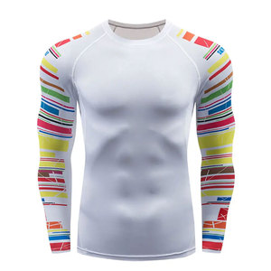 <b>Men</b> White Long Sleeve <b>Compression</b> Rash Guard With Colorful Striped Sleeves Quick Dry Sport <b>Shirt</b> Adult Fit - Product Image 2