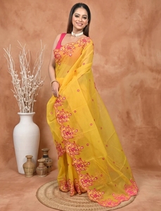KV Women's Printed Kota Pure Cotton <b>Saree</b> with Unstitched Blouse (<b>Yellow</b>) Reversible Quick Dry Wrinkle Free Autumn - Product Image 4