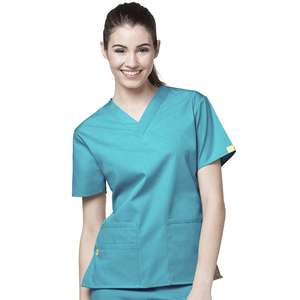 Women's Orange Doctor Scrub Set V-Neck Short Sleeve Rayon Woven Hospital Uniform Pants Included GLOWING NEON INDUSTRY Needle - Product Image 2