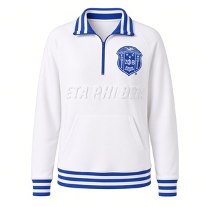 <b>Women</b> <b>White</b> Quarter Zip Pullover Sweatshirt Embroidered Shield Crest 3D Embossed Logo Royal Blue Striped Rib OEM Wholesale - Product Image 3