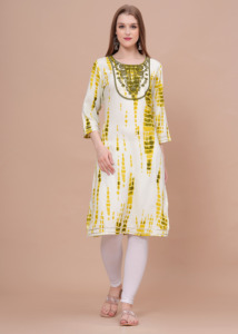 <b>Women</b> Yellow Tie Dye Printed <b>Kurta</b> With 3/4 Sleeves Casual Ethnic Wear Loose Fit Midi Cotton Kurti For Daily Wear - Product Image 5
