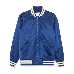 Veste de baseball en satin bleu pour homme avec bordure blanche, col rabattu, fermeture éclair, coupe classique, style preppy, veste bomber en polyester - Product Image 1