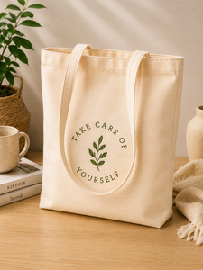Bolsa de tela de algodón beige con estampado de hojas para el cuidado personal, para uso diario - Product Image 1
