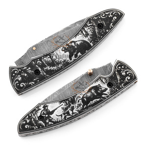 Couteau pliant professionnel sur mesure en acier Damas de qualité industrielle - Manche en os de chameau gravé au laser, longueur totale de 19 cm - Product Image 5