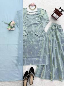 Ensemble Kurta en soie Fandy bleu clair pour femme avec palazzo et dupatta - Product Image 5