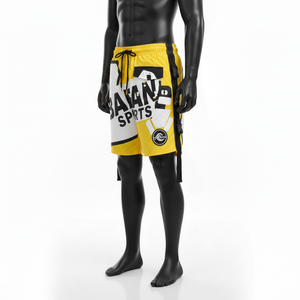 กางเกงว่ายน้ำชายผ้าไมโครไฟเบอร์โพลีเอสเตอร์อย่างดี สีเหลืองสด ด้านข้างมีสายรัดแบบคาร์โก้ พิมพ์ลายโลโก้ด้วยเทคนิคฮีททรานเฟอร์ - Product Image 4