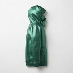 Chaqueta de Cuero Verde con Capucha, Manga Larga, Estilo Casual, Unisex, Color Sólido, con Bolsillos, para Otoño - Product Image 3