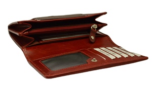 Genuine Leather Long <b>Wallet</b> Unisex Fold Closure Minimalist Design Daily Use <b>Red</b> Color - Product Image 3