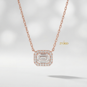 Rose Gold Emerald Cut Halo Diamond Pendant Sterling Silver Gold Plated Link Chain Engagement & Wedding Luxury <b>Jewelry</b> - Product Image 1
