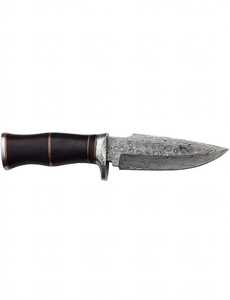 Couteau utilitaire d'extérieur personnalisé en acier Damas forgé à la main, à pointe tombante, avec manche en bois dur foncé et anneau en laiton - Product Image 1