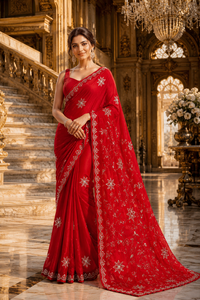 Elegant <b>Red</b> Organza <b>Saree</b> Embroidered Indian Wedding Wear Silk Sarees Women Pakistani Party Wear Bridal Sari Wholesale CHOHAN - Product Image 5