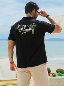 Polo noir pour homme avec imprimé palmiers et lettres, style vacances, été - Product Image 2