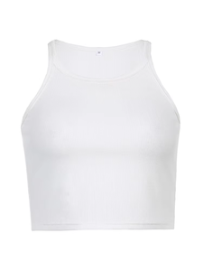 Top corto acanalado para mujer, blanco, con cuello redondo, bordado de letras, ajuste ceñido, informal, de algodón y elastano, tejido, para verano - Product Image 3