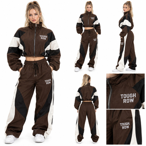 Ensemble veste courte et pantalon ample 100 % nylon pour femme, avec logo brodé, style streetwear, coupe-vent court et pantalon de pluie ample - Product Image 5