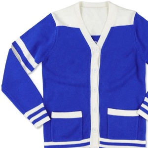 Cárdigan de punto con cuello en V en contraste azul y blanco para mujer, estilo preppy con bolsillos, largo completo, para todas las estaciones. - Product Image 5