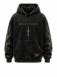 Acid wash Relentless Black Washed Cotton Hoodie <b>Men</b> Oversized Fit Front Print Cross Design Casual Autumn Style - Product Image 3