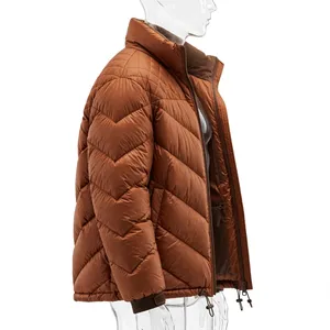 Veste matelassée marron pour homme, col montant, coupe-vent, rembourrage en polyester, fermeture éclair, manteau décontracté d'hiver - Product Image 3