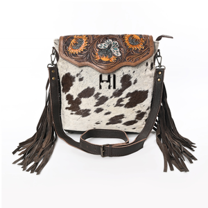 Sac bandoulière en cuir de vachette tanné végétal Hairon avec fermeture éclair, gravures à la main motif tournesol, pompons en daim de vache - Product Image 1