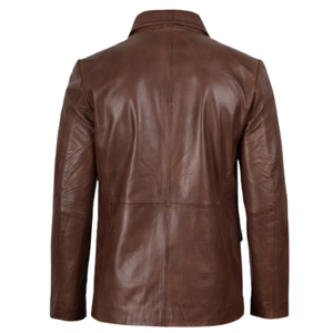 Blazer en cuir ciré couleur cognac pour homme, col à revers, manteau formel en cuir véritable - Product Image 2