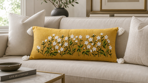 Cojín Lumbar Bordado a Mano con Diseño Botánico de Flores Silvestres, Estilo Boho, en Algodón Ecológico Color Mostaza, Blanco - Product Image 2