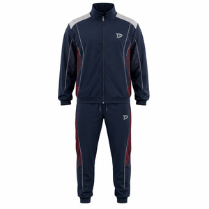 Dravelle Industry Men's Navy Blue <b>Tracksuit</b> Full Zip Jogging Suit Red Accents Side Pockets Breathable <b>Polyester</b> Material 2 1 - Product Image 1