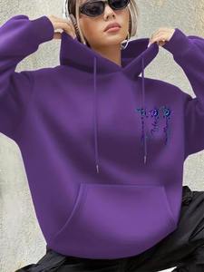 Sweat-shirt tricoté pour femme, violet, coupe oversize, à épaules tombantes, manches longues, avec broderie de lettres et poches, pour l'automne - Product Image 4