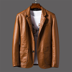 <b>Men's</b> PU Leather <b>Jacket</b> Slim Fit Turn-down Collar Single Button Solid Color Waterproof <b>Smart</b> Casual Autumn Wear Boho/Western - Product Image 5