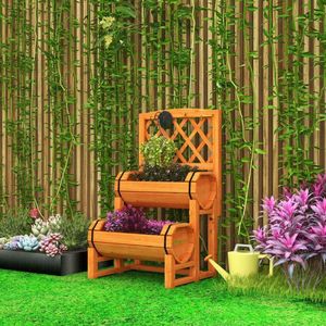 Fioriera Rialzata in Legno a 2 Livelli con Traliccio e 2 Contenitori Cilindrici per Fiori e Piante - Product Image 4