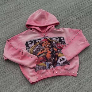 Hoodie court rose avec détails en strass, imprimé graphique, style streetwear, coupe ample unisexe, vêtement d'automne - Product Image 1