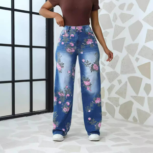 Autumn European Floral Printed Women's Denim Pants Large Size Wide Leg High Waist Casual Streetwear Style for Winter Summer - Product Image 5
