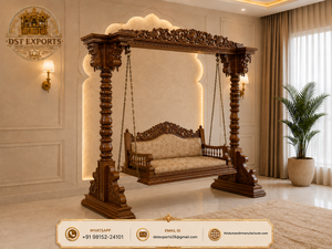 Balançoire 3 places en teck massif sculpté motif paon, artisanale, pour hall d'entrée – Fabricant de Jhula en bois pour intérieur - Product Image 5