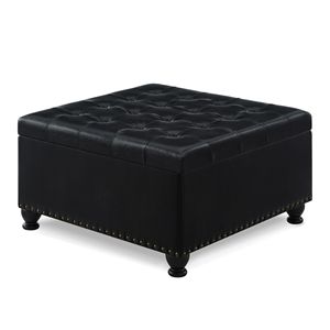 Grande Pouf Contenitore Quadrato Nero con Gambe in Legno, Tavolino da Caffè Imbottito con Bottoni e Finiture a Chiodo per Soggiorno - Product Image 2